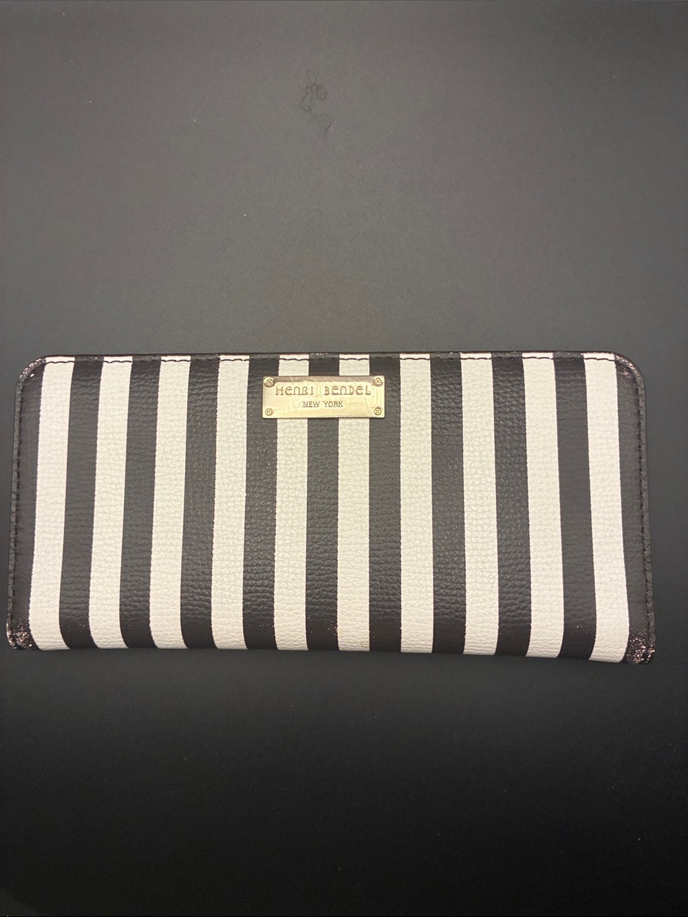 Henri Bendel Black and White Striped Zip-Around Wallet